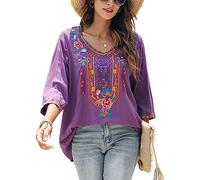 Seasonal Damen Stickerei Bluse Bohemian Herbst Tunika Bestickte Folklore Blusen Hippie Blumenmuster Oberteil 3/4 Arm Lose Tops (X-Large, 328-Violett)