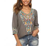 Seasonal Damen Stickerei Bluse Bohemian Herbst Tunika Bestickte Folklore Blusen Hippie Blumenmuster Oberteil 3/4 Arm Lose Tops (X-Large, 054-Grau)