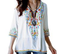 Seasonal Damen Stickerei Bluse Bohemian Herbst Tunika Bestickte Folklore Blusen Hippie Blumenmuster Oberteil 3/4 Arm Lose Tops (Small, 054-Weiß)