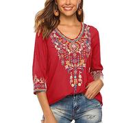 Seasonal Damen Stickerei Bluse Bohemian Herbst Tunika Bestickte Folklore Blusen Hippie Blumenmuster Oberteil 3/4 Arm Lose Tops (X-Large, 054-Rot)