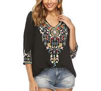 Seasonal Damen Stickerei Bluse Bohemian Herbst Tunika Bestickte Folklore Blusen Hippie Blumenmuster Oberteil 3/4 Arm Lose Tops (X-Large, 054-Schwarz)