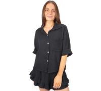 Seasons of April Musselin Bluse Damen aus 100% Baumwolle - kurz, luftig & locker - Frühling, Sommer mit Brusttasche - Celine (Schwarz S/M)