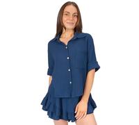 Seasons of April Musselin Bluse Damen aus 100% Baumwolle - kurz, luftig & locker - Frühling, Sommer mit Brusttasche - Celine (Dunkelblau S/M)