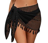 SEAUR Damen Häkelrock Strand Mini Strandrock Quaste Wickelrock Kurz Sarong Pareo Gehäkelt Bikini Wrap Fischnetz Cover Up - L