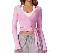 SEAUR Damen Pilates Training Top Langarm V-Ausschnitt Wickelcardigan Cropped für Yoga Gym Ballett Practice Outdoor Wandern Fitness Kleidung Rosa M