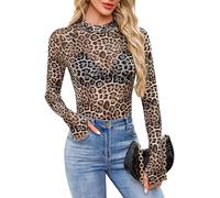 SEAUR Damen Sheer Mesh Langarmshirt Spitzen Rundhalsausschnitt Sheer Layering Tops Shirts für Clubwear Party Leopard S