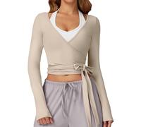 SEAUR Fitness Kleidung Damen Wickelcardigan Langarm V-Ausschnitt Cropped für Yoga Training Ballett Übungen Outdoor Wandern Pilates Session Khaki L