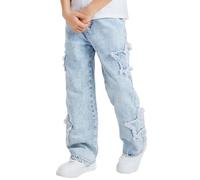 SEAUR Jeans Jungen Weites Bein Jeanshosen mit Gummibund Y2K Denim Jean Hose Straight Sternenmuster Vintage EU 128-152 (8-12 Jahre)