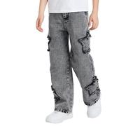 SEAUR Jeans Jungen Weites Bein Jeanshosen mit Gummibund Y2K Denim Jean Hose Straight Sternenmuster Vintage EU 128-152 (8-12 Jahre)