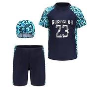 SEAUR Jungen Schwimmshirt Badehose UV Schutz Rash Guard mit Badekappe Kinder Badeset 3 Teilig Kurzarm Badeanzug - 6XL(152-164)