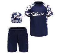SEAUR Jungen Schwimmshirt Badehose UV Schutz Rash Guard mit Badekappe Kinder Badeset 3 Teilig Kurzarm Badeanzug - 6XL(152-164)