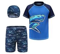 SEAUR Jungen Schwimmshirt Badehose UV Schutz Rash Guard mit Badekappe Kinder Badeset 3 Teilig Kurzarm Badeanzug - 6XL(152-164)