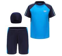 SEAUR Kinder Jungen Badehose Schwimmshirt UV Schutz Badeset mit Badekappe 3 Teilig Rash Guard Kurzarm Badeanzug - 4XL(134-140)