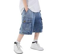 SEAUR Kurze Jeans Baggy Jungen Denim Kinder Jeans Kurz Hose mit Weitem Bein Bermuda Sommer Jeanshose Cargo Shorts Outdoor Streetwear 134-140 Blau Cargo