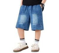 SEAUR Kurze Jeans Baggy Jungen Denim Kinder Jeans Kurz Hose mit Weitem Bein Bermuda Sommer Jeanshose Cargo Shorts Outdoor Streetwear 140-146 Dunkelblau