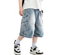 SEAUR Kurze Jeans Baggy Jungen Denim Kinder Jeans Kurz Hose mit Weitem Bein Bermuda Sommer Jeanshose Cargo Shorts Outdoor Streetwear 134-140 Blau