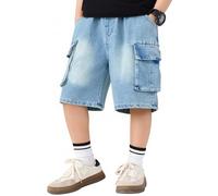 SEAUR Kurze Jeans Baggy Jungen Denim Kinder Jeans Kurz Hose mit Weitem Bein Bermuda Sommer Jeanshose Cargo Shorts Outdoor Streetwear 134-140 Hellblau