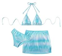 SEAUR Mädchen 3 Teiliger Badeanzug Blau Bikini Glitzer Set Neckholder Mädchen Triangel Bademode mit Rock Einfarbig 14 Jarhe