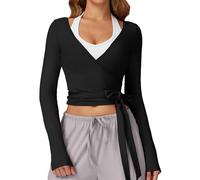 SEAUR Yoga Kleidung Damen Wickeltop Langarm V-Neck Cropped Cardigan mit Bindegürtel für Fitness Gym Outdoor Wandern Ballett Training Pilates Session Schwarz M