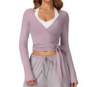 SEAUR Yoga Oberteil Damen Langarm V-Ausschnitt Wickelcardigan Cropped für Ballett Practice Fitness Gym Outdoor Camping Pilates Kleidung Lila S