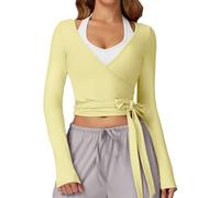 SEAUR Yoga Top Damen Langarm V-Ausschnitt Wickelcardigan Cropped Formstrebend für Ballett Training Fitness Gym Outdoor Wandern Pilates Kleidung Gelb L