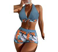 SEAUR Zweiteiliger Badeanzug Damen Bikini Set Blumenmuster Badeshorts mit Oberteil Bikini Top Two Piece Swimsuit Sommer Schwimmbad Pool Strand Bademode mit Swim Shorts - M