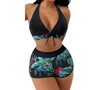 SEAUR Zweiteiliger Badeanzug Damen Bikini Set Blumenmuster Badeshorts mit Oberteil Bikini Top Two Piece Swimsuit Sommer Schwimmbad Pool Strand Bademode mit Swim Shorts - M
