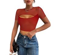 SEBOWEL Damen Crop Top Sexy Netzshirt Transparentes Mesh Shirt Bluse Clubwear Oberteile für Festival Rave Outfits Rot M
