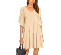 SEBOWEL Damen V-Ausschnitt Rüschen Knielanges Swing Kleid Apricot M