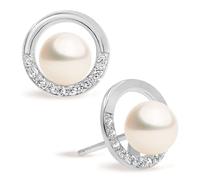 SECRET & YOU Damen Ohrringe Knopf Süßwasser-Zuchtperlen 7,5-8 mm mit Zirkonia | Rhodiniertes 925 Silber | Große Ohrmuttern