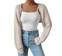 SECRETEYARD Damen-Strickjacke, langärmelig, vorne offen, bauchfrei, schulterfrei, Bolero, Shrug Sweater, grau, weiß, Small