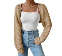 SECRETEYARD Damen-Strickjacke, langärmelig, vorne offen, bauchfrei, schulterfrei, Bolero, Shrug Sweater, Khaki, Medium