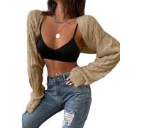 SECRETEYARD Damen-Strickjacke, langärmelig, vorne offen, bauchfrei, schulterfrei, Strick-Bolero, Oberbekleidung, Kaki Aprikose, X-Groß