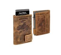 SecWal Kartenetui Prägung Motorrad mit Münzfach Druckknopf inkl. Geschenkbox - Echtleder Mini Geldbörse für Damen und Herren - RFID Schutz Portemonnaie Leder - Geldbeutel Motiv Prägung Motorrad