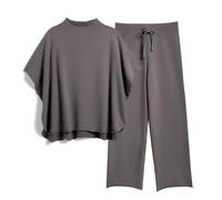 SeeLuNa Zweiteiliges Damen-Outfit, 3/4-Ärmel, Capelet, Rundhalsausschnitt, Pullover, Top, weites Bein, Hose, Lounge-Set, Dunkel_Grau, L