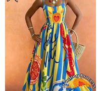 Seestern glänzendes Urlaubsstil Damenkleid mit Ozean, Grapefruit, Zitronen Buchstaben Muster Spaghettiträger elegant Sommer, ästhetisch