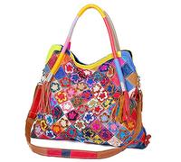 Segater Frauen Mehrfarbige Blume Tote Handtasche Designer 3D buntes Patchwork Umhängetasche Echtes Leder Portemonnaie Einzigartiger Reise-Shopper Schulranzen
