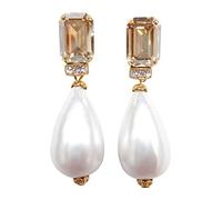 Sehr große Ohr-Clips vergoldet Stein facettiert citrin-gelb Anhänger Perle weiß elegant Fest Braut Hochzeit Geburtstag Geschenk Designer JUSTWIN