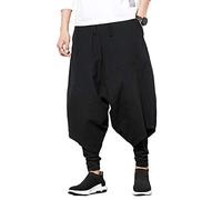seidarise Herren Haremhose Hip-Hop Jogger Baggy Weites Bein Legere Harem Leinen, Japanisches Yoga - Schwarz - Mittel