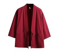 Seidarise Herren-Kimono, traditionelle japanische Kleidung, Herren-Strickjacke, Noragi-Jacke, Yukata-Mantel, Haori, Rot/Ausflug, einfarbig (Getaway Solids), M