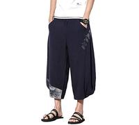Seidarise Herren Leinen Capri Leinen Hose Sommer Haremshose Weites Bein Baggy, U-Navy, Groß