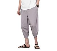 Seidarise Herren Leinen Capri Leinenhose Sommer Haremshose Weites Bein Baggy, GRAU, Groß