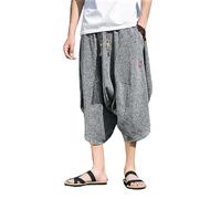 Seidarise Japanischer Kimono für Herren, traditionelle Strandhose, Leinen, Capri-Sommer-Haremshose, weites Bein, kurze Hose, 68 grau, Mittel