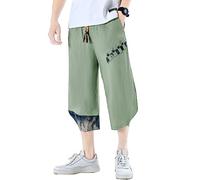 Seidarise Japanischer Kimono für Herren, traditionelle Strandhose, Leinen, Capri-Sommer-Haremshose, weites Bein, kurze Hose, X1-grün, XXL