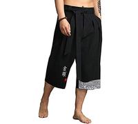 Seidarise Herren Japanischer Kimono Traditonal Strandhose Leinen Capri Sommer Haremshose Weites Bein Cropped Hose, Schwarz, Mittel