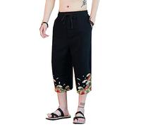 Seidarise Japanischer Kimono für Herren, traditionelle Strandhose, Leinen, Capri-Sommer-Haremshose, weites Bein, kurze Hose, X-black, Mittel