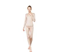Seide Langarm T-Shirt V-Ausschnitt Long Johns Pajama Sets Beige M