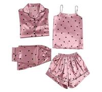 Seide Schlafanzug Damen 4-Teilig - Hausanzug Sommer Pyjama Set Schlafanzüge Mädchen Nachtwäsche Kurzarm Bademantel Sexy Nachthemd Mit Knöpfen Tshirts + Satin Top + Baggy Hose + Kurz Short