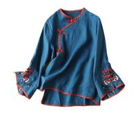 Seidenbluse Schwarz Chinesische traditionelle Anzugbluse für Damen, Stickerei, Baumwolle, Leinen, Glocke, Langarmshirts, Froschknopf, Tops, Cheongsam Bluse Festlich (Blue, XXL)