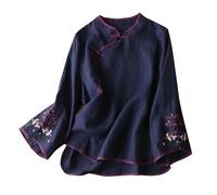 Seidenbluse Schwarz Chinesische traditionelle Anzugbluse für Damen, Stickerei, Baumwolle, Leinen, Glocke, Langarmshirts, Froschknopf, Tops, Cheongsam Bluse Festlich